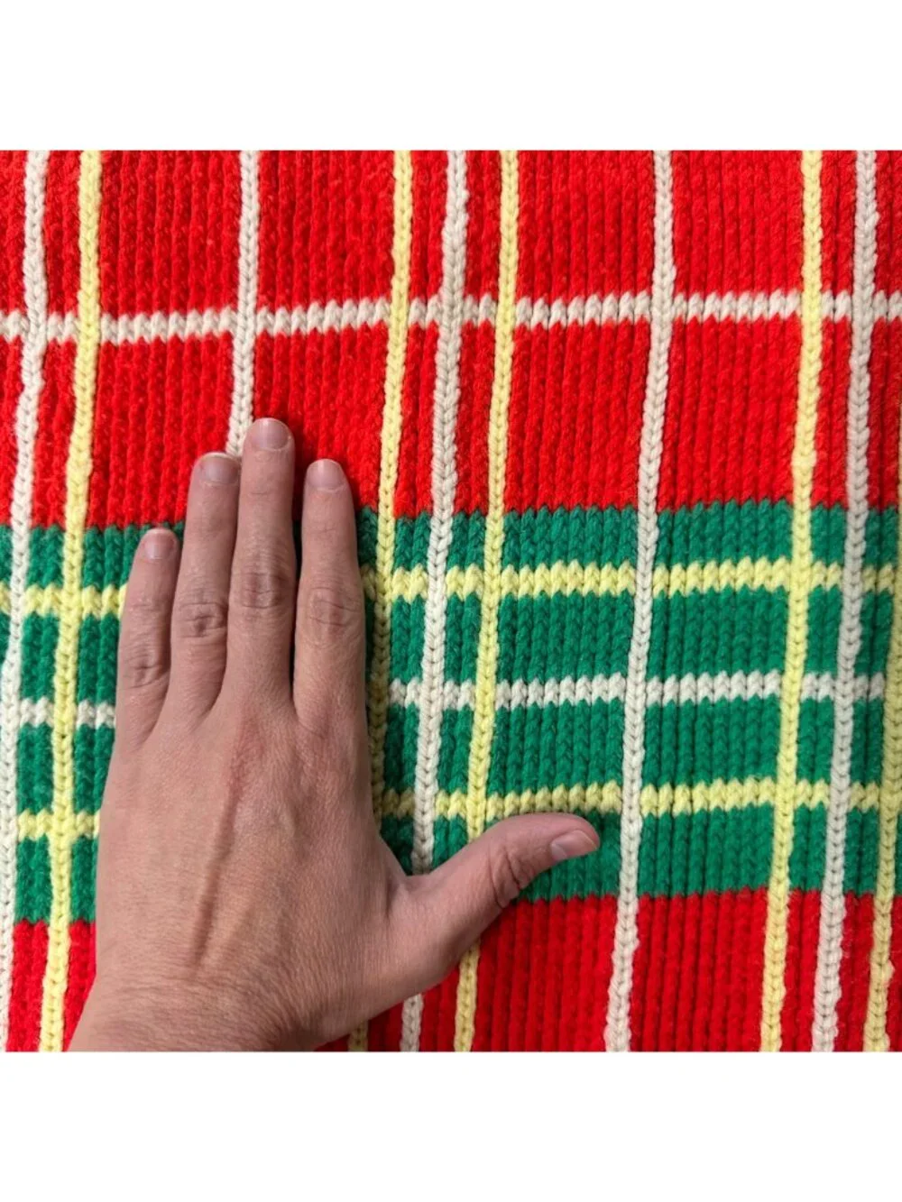 Vintage Handmade Afghan Blanket Red Green Plaid Crochet Fringe Retro Christmas